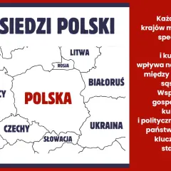 Mapa Polski z sąsiadami: Niemcy, Czechy, Słowacja, Ukraina, Białoruś, Litwa i Rosja. Każdy z tych sąsiadów ma swoją historię i kulturę.