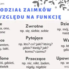 Podział zaimków ze względu na funkcję: osobowe, zwrotne, pytające, wskazujące, nieokreślone, przeczące, dzierżawcze, względne, upowszechniające.