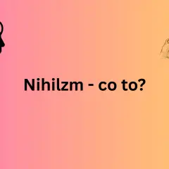 Czarna głowa z mózgiem i strzałką symbolizuje rozważania nad nihilizmem. Obok szkic Nietzschego.