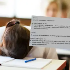 Zmęczona uczennica z głową na zeszycie, nad nią arkusz z tematem "Człowiek – istota pełna sprzeczności".