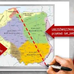 Mapa dialektów Polski z przykładami: udźwięczniająca (tag_jakby) i bezdźwięczniająca (tak_jakby).