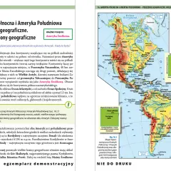 Mapa przedstawia Amerykę Północną i Południową, ukazując ich położenie geograficzne i wielkie regiony. Widoczne są góry, rzeki, miasta i granice państw na obu kontynentach.