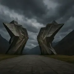 Dwa monumentalne, betonowe monumenty, niczym otwarte skrzydła, górują nad doliną. To kocioł bałkański, symbol historii i krajobrazu.