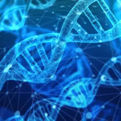 Błękitne, świetliste helisy DNA, symbolizujące postęp w nauce i scjentyzm, unoszą się w cyfrowej przestrzeni.