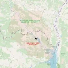 Mapa przedstawiająca Poleską Strefę Radiacyjno-Ekologiczną i Czarnobylską Strefę Wykluczenia. Widać symbol promieniowania.