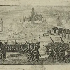 Obrona Jasnej Góry podczas potopu. Widok na zamek, miasto w ogniu i wojska przygotowujące się do walki.