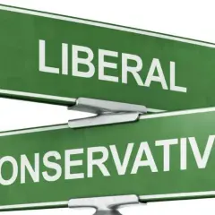 Dwa zielone znaki drogowe wskazujące kierunki: "LIBERAL" i "CONSERVATIVE". Wybór ścieżki wolności, czyli liberalizm.