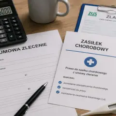 Umowa zlecenie a L4: dokumenty, kalkulator i termometr wskazują na formalności związane z chorobowym.