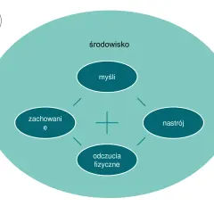 Schemat przedstawia holistyczne podejście: środowisko, myśli, zachowania, odczucia fizyczne i nastrój wzajemnie na siebie wpływają.