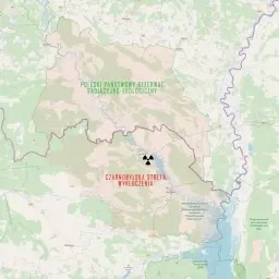 Mapa przedstawiająca Poleską Strefę Radiacyjno-Ekologiczną i Czarnobylską Strefę Wykluczenia. Widać symbol promieniowania.