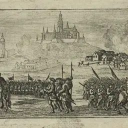 Obrona Jasnej Góry podczas potopu. Widok na zamek, miasto w ogniu i wojska przygotowujące się do walki.