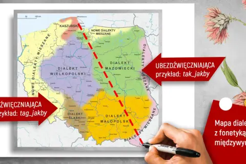 Mapa dialektów Polski z przykładami: udźwięczniająca (tag_jakby) i bezdźwięczniająca (tak_jakby).