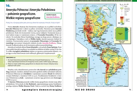 Mapa przedstawia Amerykę Północną i Południową, ukazując ich położenie geograficzne i wielkie regiony. Widoczne są góry, rzeki, miasta i granice państw na obu kontynentach.