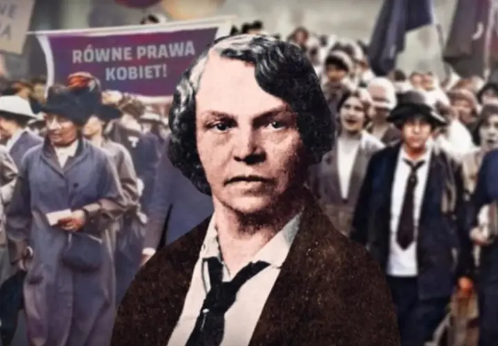 Sylwetka kobiety na tle marszu sufrażystek z transparentem "Równe prawa kobiet!". Jej postawa symbolizuje walkę z konserwatyzmem o równouprawnienie.