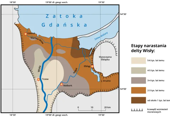 Mapa przedstawia etapy narastania delty Wisły, ukazując rozwój Żuław Wiślanych od 6 tys. lat temu do dziś.