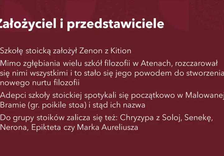 Zenon z Kition założył szkołę stoicką. W przeciwieństwie do epikureizmu, stoicyzm skupiał się na cnocie i rozumie.