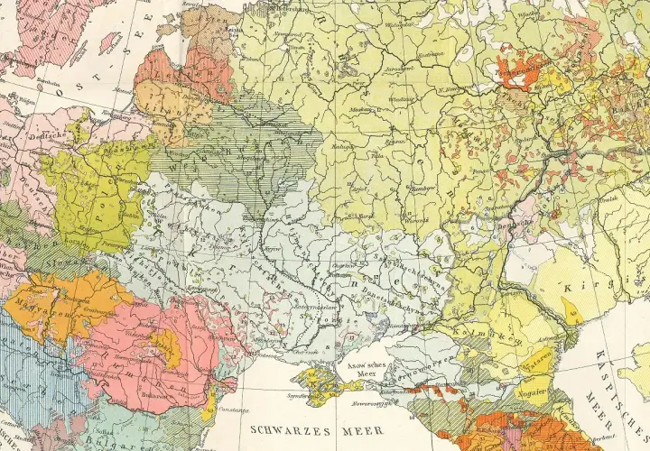Mapa Europy Wschodniej z zaznaczoną granicą państwową między Polską a Rosją, z widocznymi miastami i regionami etnicznymi.
