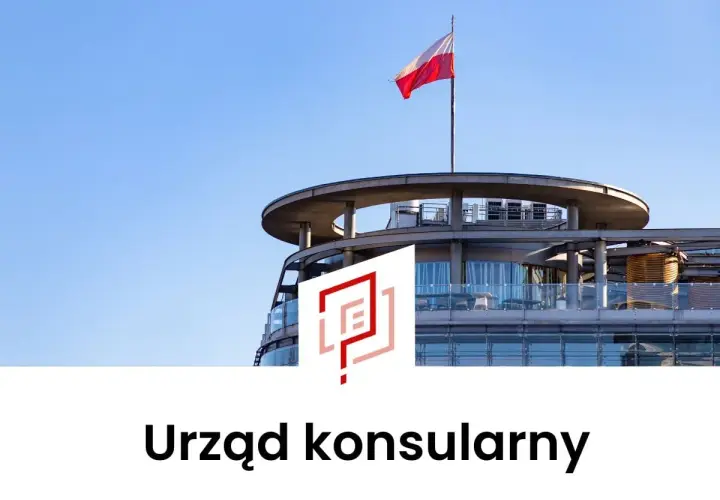 Nowoczesny budynek z polską flagą na dachu. Obok logo, pod spodem napis "Urząd konsularny".