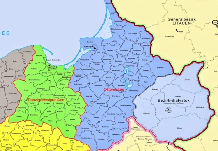 Mapa administracyjna z podziałem na rejony: Danzig-Westpreußen, Ostpreußen i Generalbezirk Litauen.