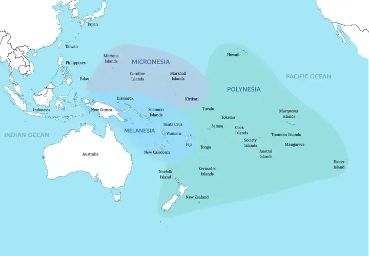 Mapa przedstawiająca podział na Mikronezję, Melanezję i Polinezję, kluczowe regiony **Oceania**.