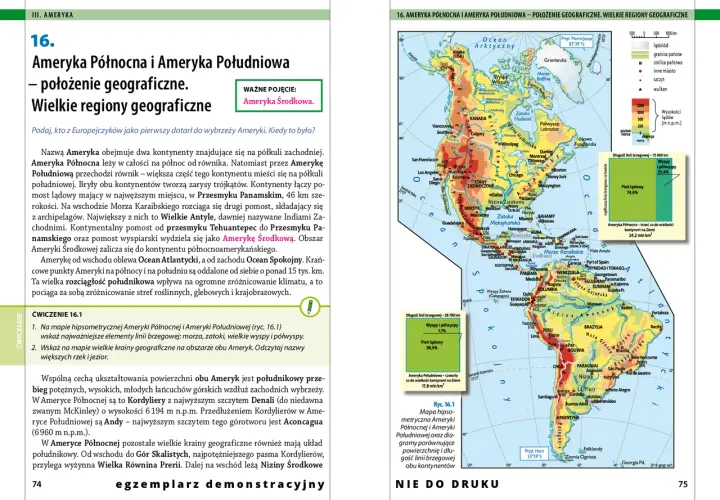 Mapa przedstawia Amerykę Północną i Południową, ukazując ich położenie geograficzne i wielkie regiony. Widoczne są góry, rzeki, miasta i granice państw na obu kontynentach.
