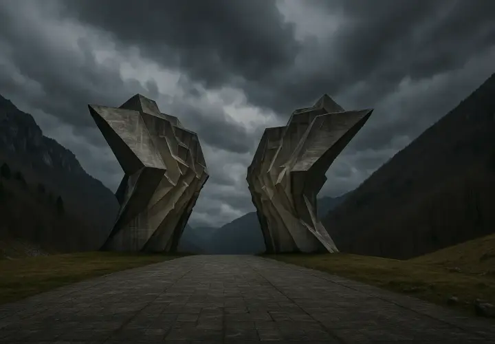Dwa monumentalne, betonowe monumenty, niczym otwarte skrzydła, górują nad doliną. To kocioł bałkański, symbol historii i krajobrazu.