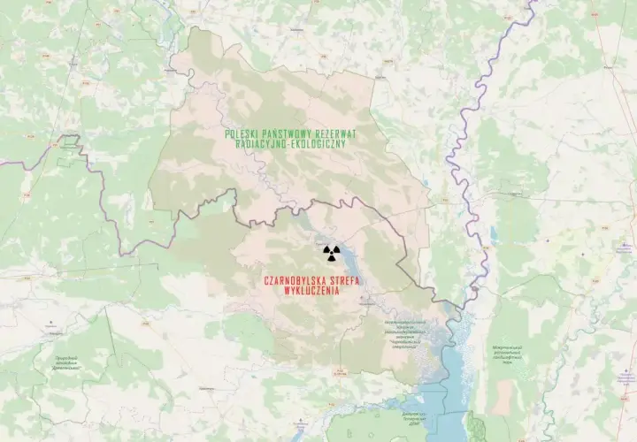 Mapa przedstawiająca Poleską Strefę Radiacyjno-Ekologiczną i Czarnobylską Strefę Wykluczenia. Widać symbol promieniowania.