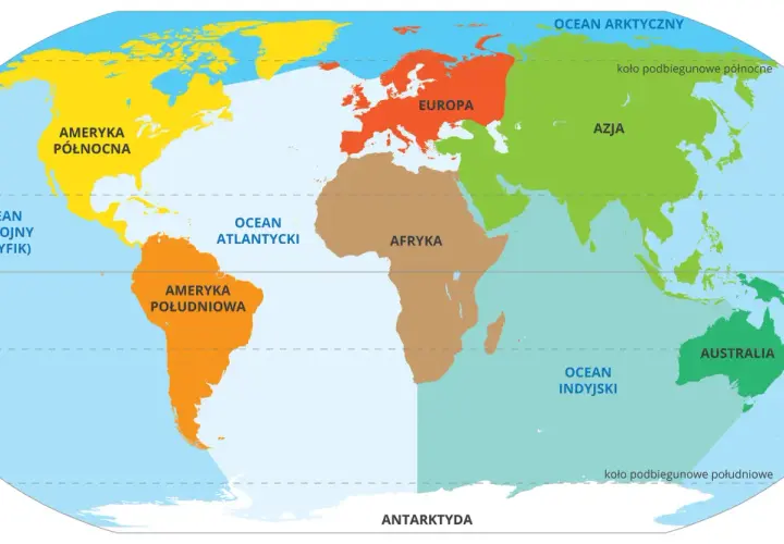 Mapa świata z zaznaczonymi kontynentami: Ameryka Północna, Ameryka Południowa, Europa, Afryka, Azja, Australia i Antarktyda.
