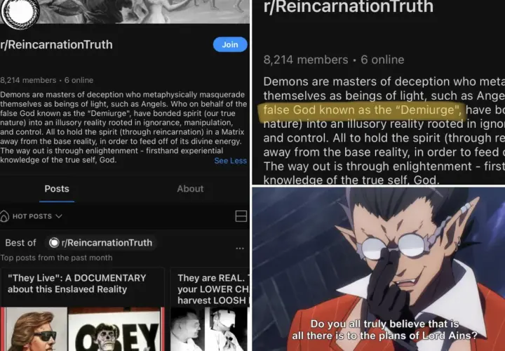 Post na r/ReincarnationTruth o "demiurgu" jako fałszywym Bogu, z anime postacią sugerującą spisek.