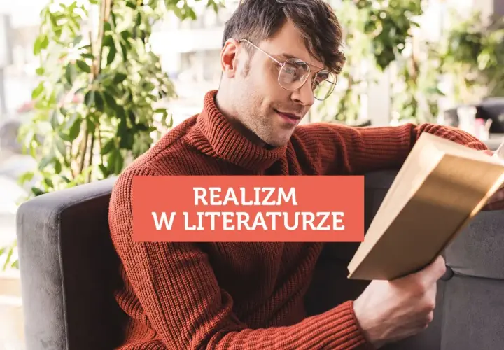 Mężczyzna w okularach czyta książkę o realizmie w literaturze, łącząc utopijny i realny obraz rzeczywistości.