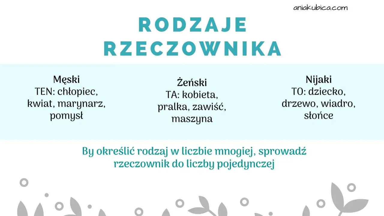 Rodzaje rzeczownika: męski (ten), żeński (ta), nijaki (to). Przykłady: chłopiec, kobieta, dziecko.