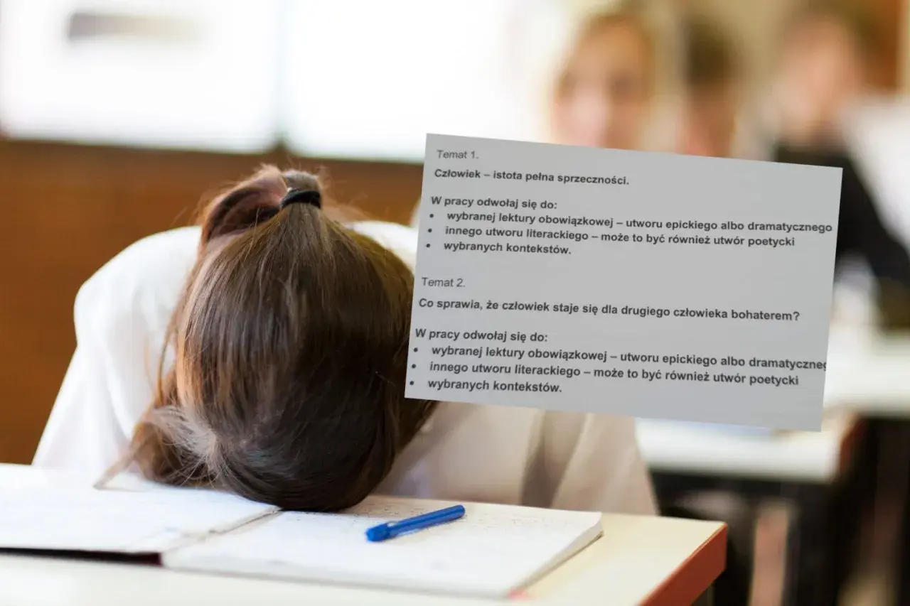 Zmęczona uczennica z głową na zeszycie, nad nią arkusz z tematem "Człowiek – istota pełna sprzeczności".