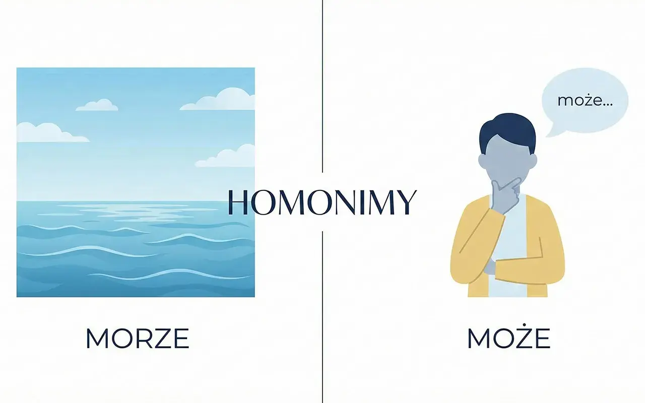 Obrazek ilustruje homonimy: "morze" (woda) i "może" (przypuszczenie).