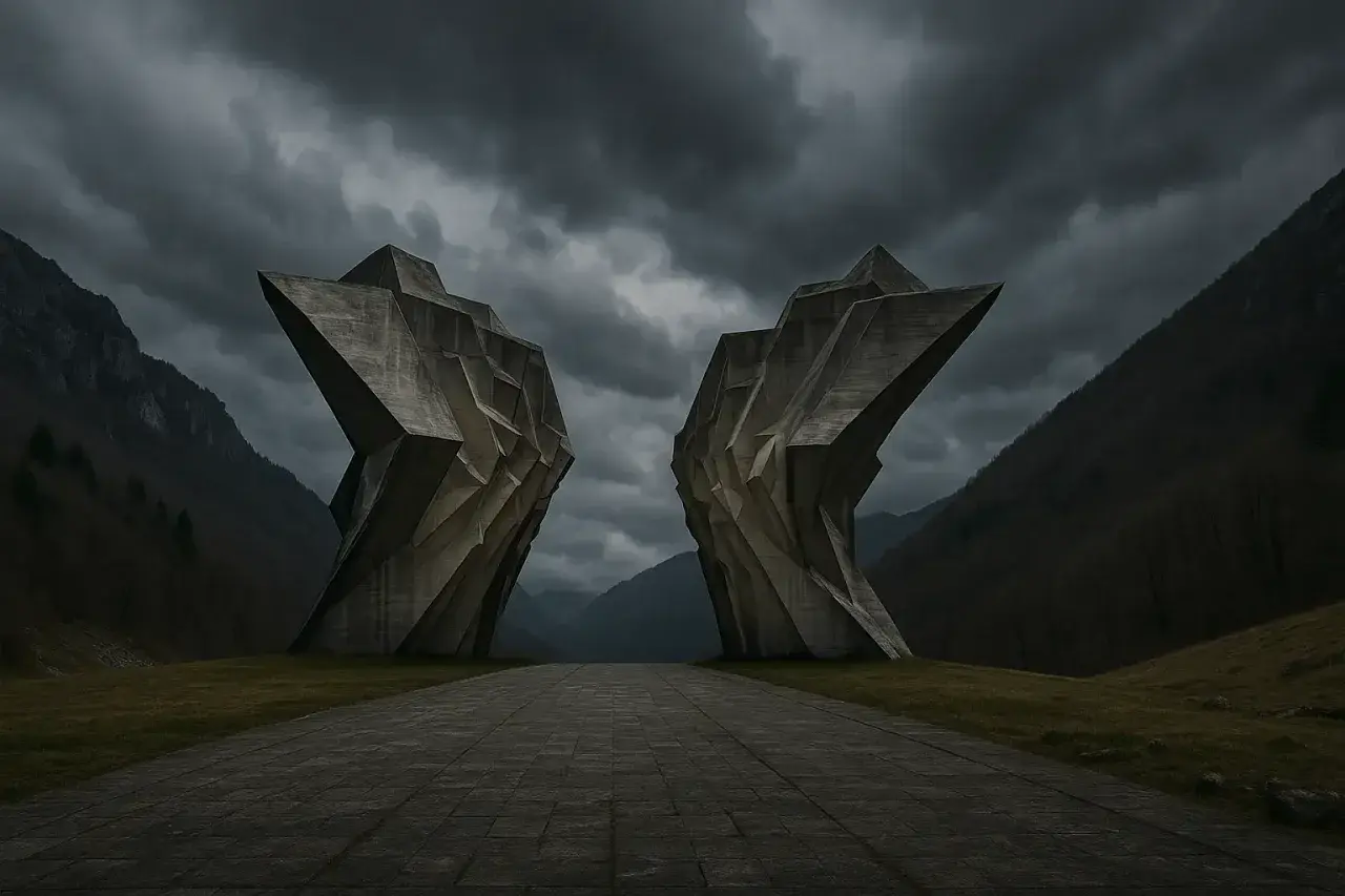 Dwa monumentalne, betonowe monumenty, niczym otwarte skrzydła, górują nad doliną. To kocioł bałkański, symbol historii i krajobrazu.