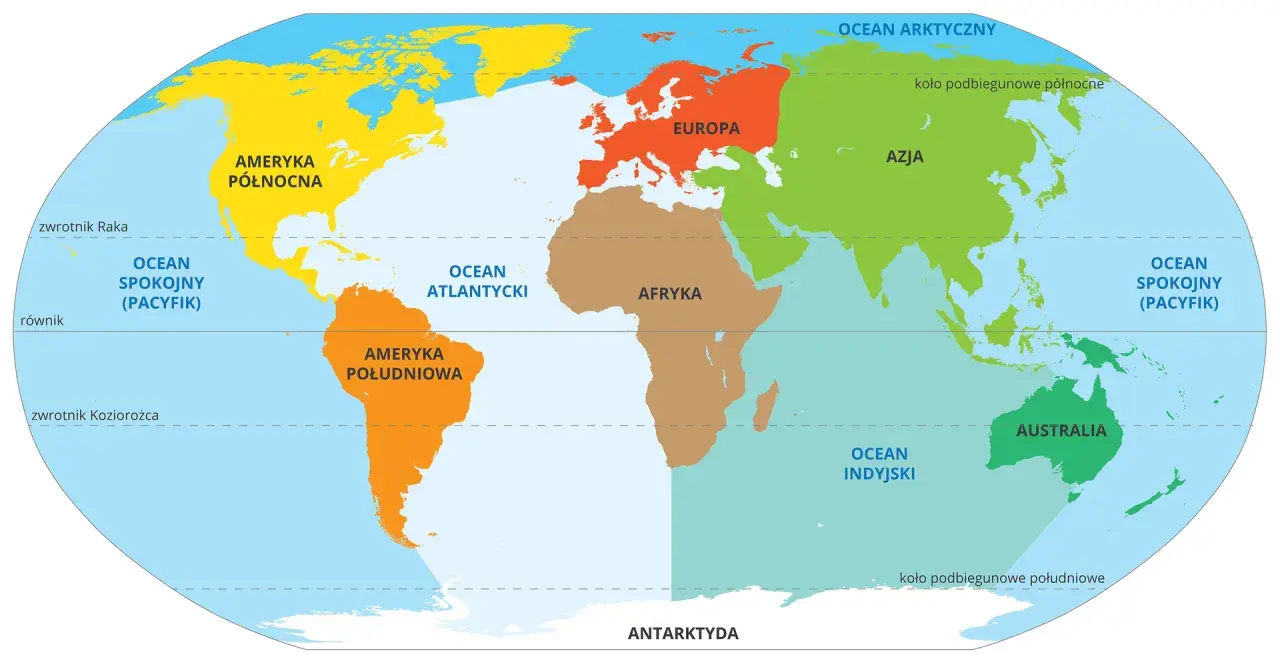 Mapa świata z zaznaczonymi kontynentami: Ameryka Północna, Ameryka Południowa, Europa, Afryka, Azja, Australia i Antarktyda.