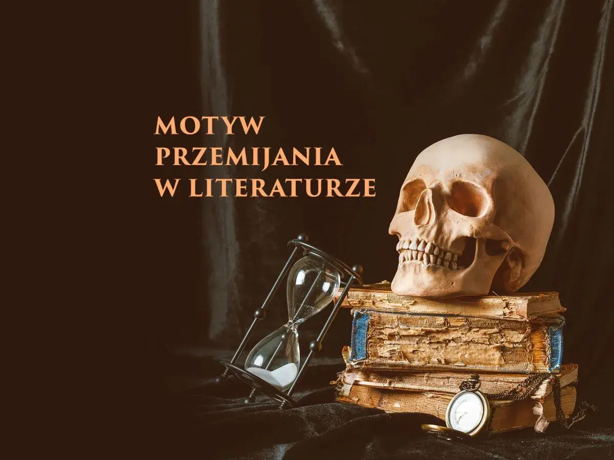 Czas płynie nieubłaganie, jak piasek w klepsydrze. Czaszka na stosie starych ksiąg i kieszonkowy zegarek symbolizują motyw przemijania w literaturze.