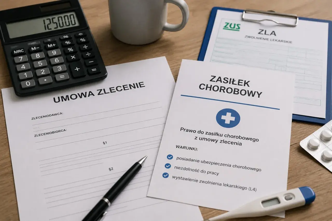 Umowa zlecenie a L4: dokumenty, kalkulator i termometr wskazują na formalności związane z chorobowym.