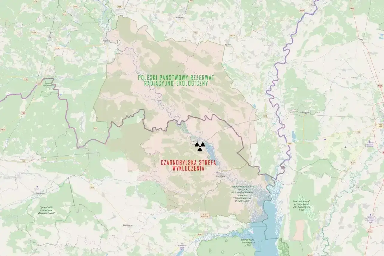 Mapa przedstawiająca Poleską Strefę Radiacyjno-Ekologiczną i Czarnobylską Strefę Wykluczenia.