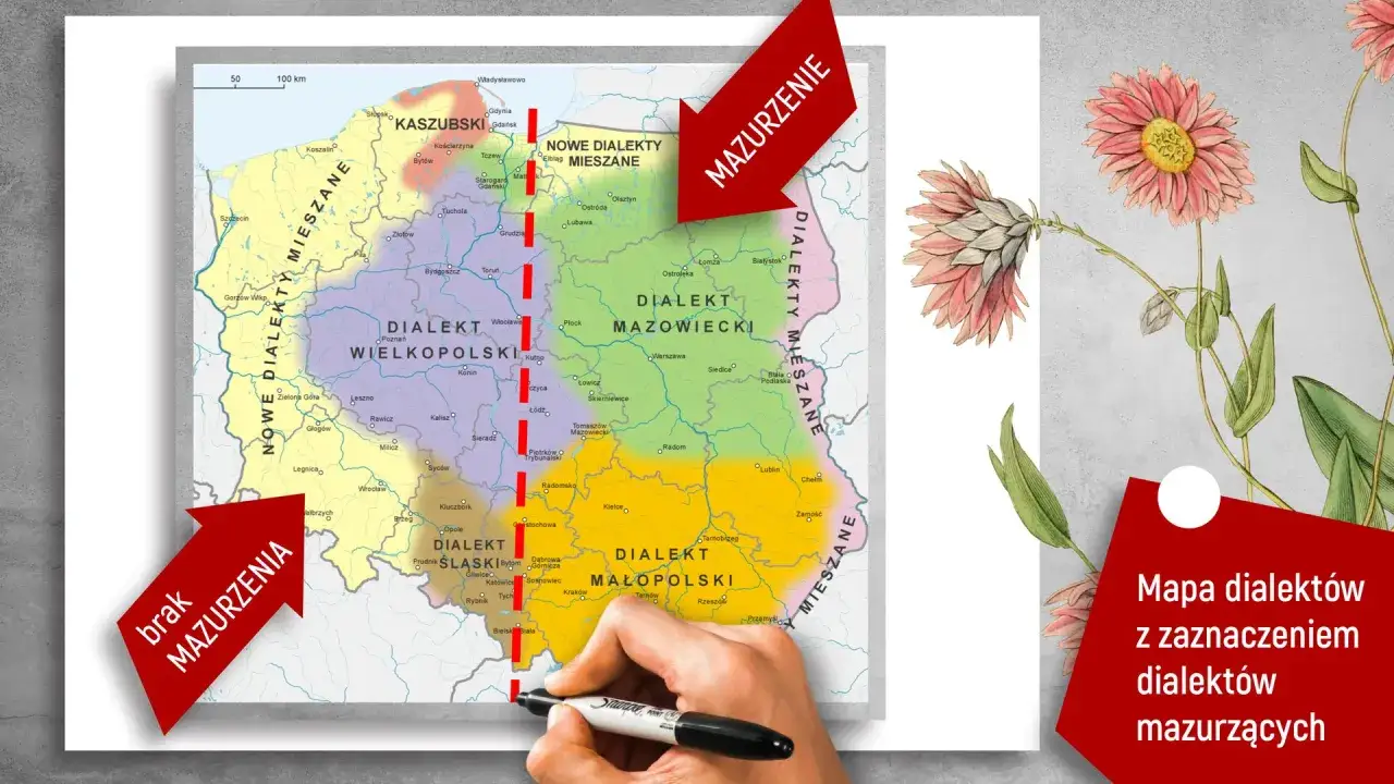 Mapa Polski z zaznaczonymi dialektami, w tym mazowieckim. Czerwone strzałki wskazują obszary z dialektem mazurzącym i brak tego dialektu.