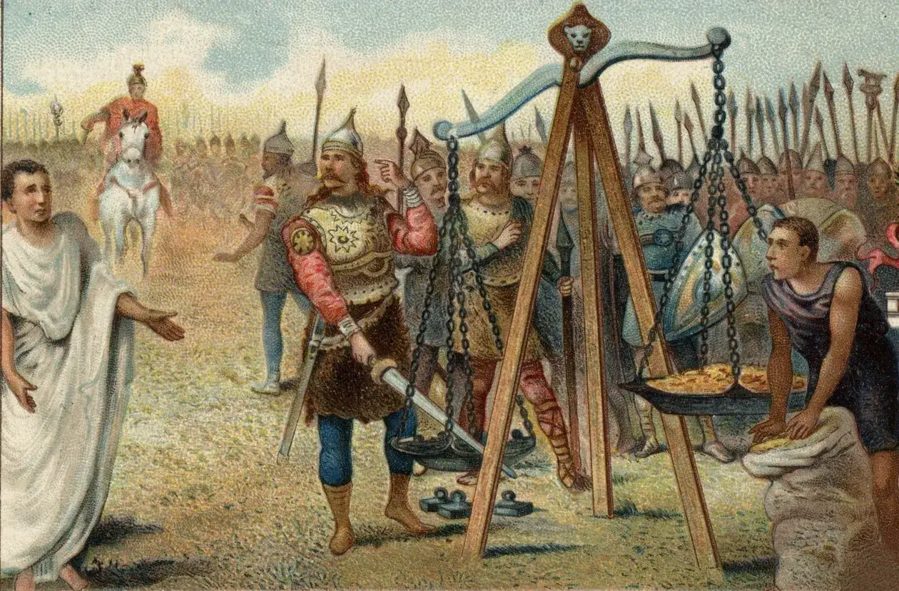 Wódz barbarzyńców waży złoto na wadze, podczas gdy Rzymianin w białej todze patrzy z niepokojem. Vae victis!