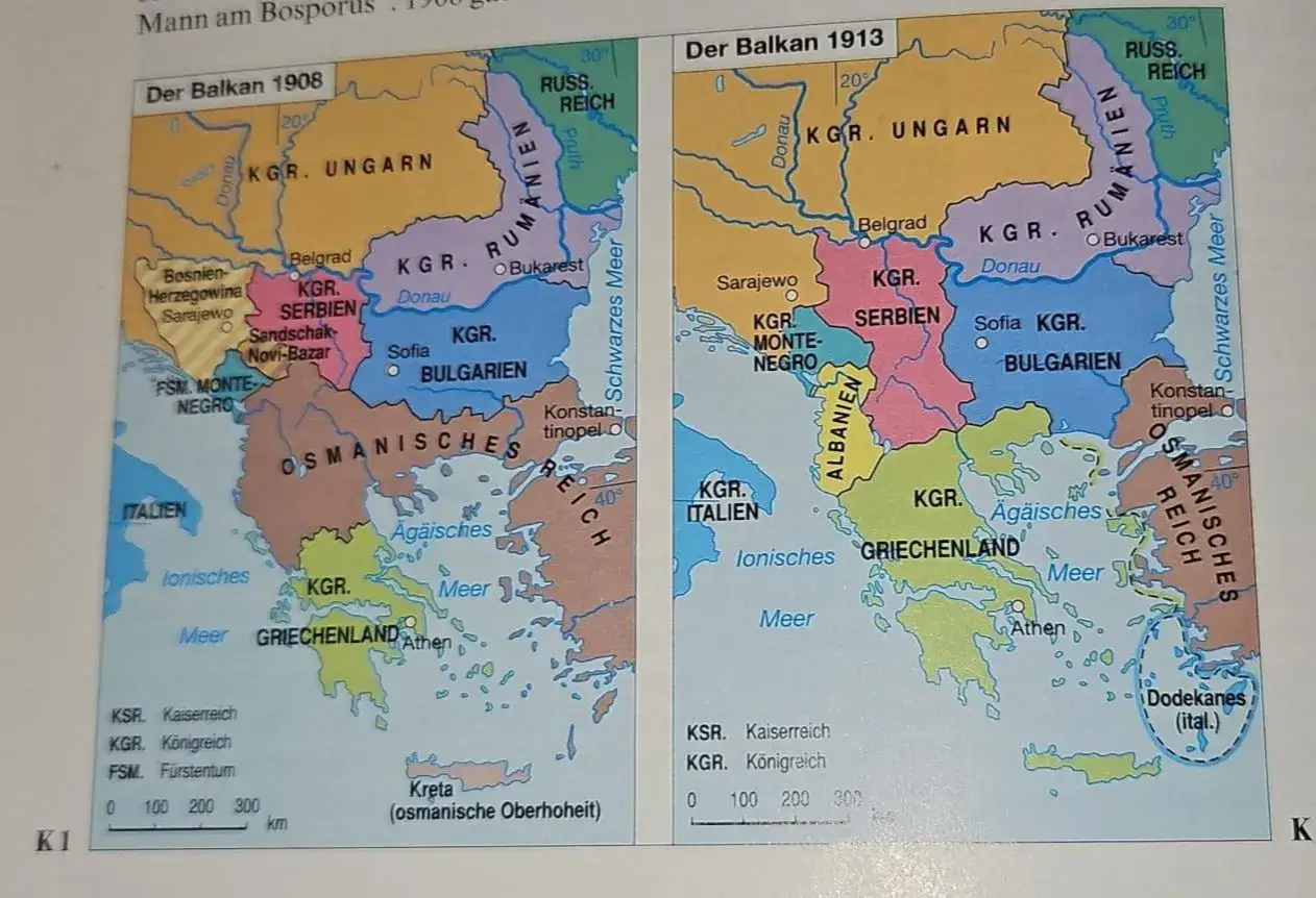Mapy Bałkanów z 1908 i 1913 roku pokazują zmieniające się granice, tworząc skomplikowany kocioł bałkański.