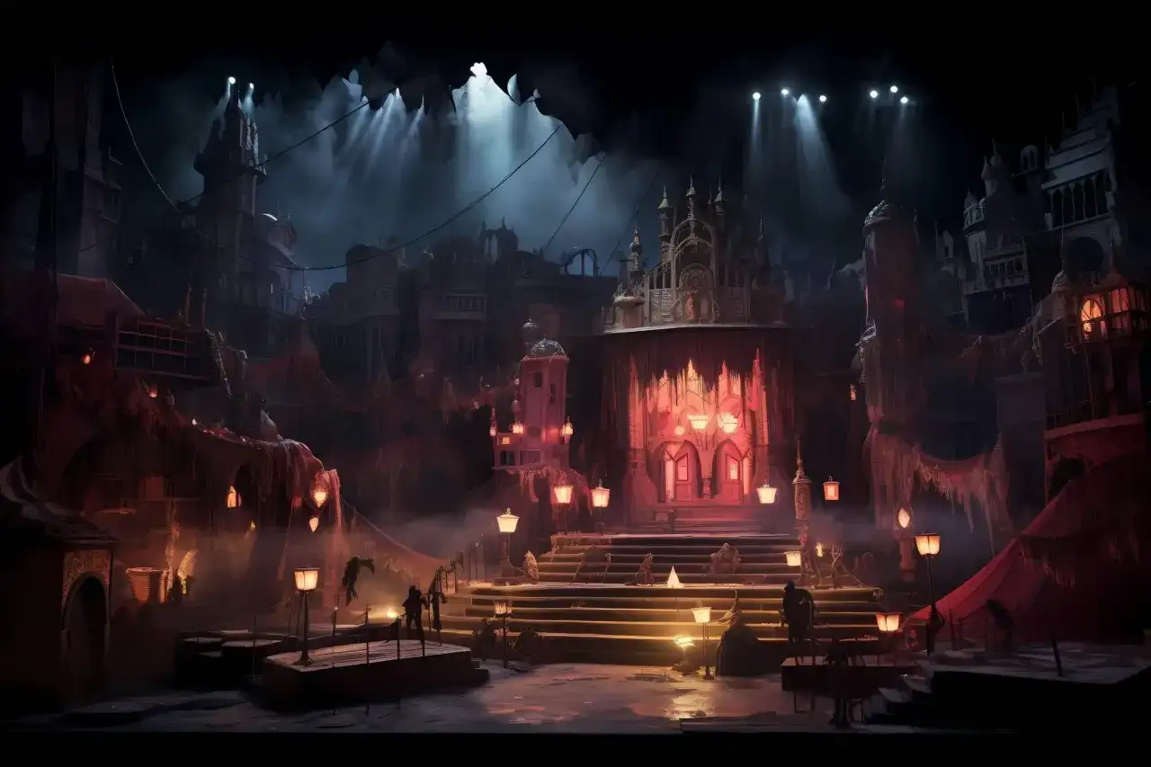 Mroczna, teatralna scena z fantastycznymi budowlami i postaciami. To theatrum mundi, gdzie każdy jest aktorem na scenie życia.