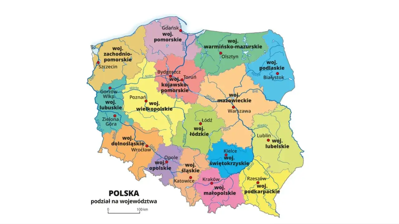 Mapa Polski z podziałem na województwa, ilustrująca strukturę samorządu terytorialnego.