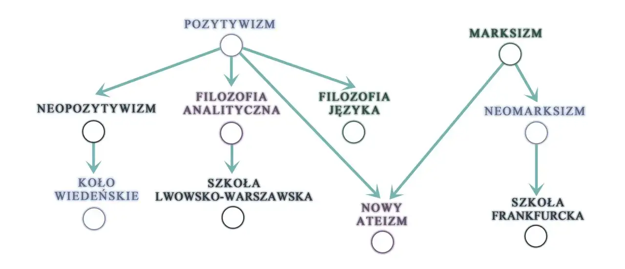 Schemat pokazuje ewolucję myśli: pozytywizm, neopozytywizm, filozofia analityczna, szkoła wiedeńska, szkoła lwowsko-warszawska, marksizm, neomarksizm, szkoła frankfurcka i nowy ateizm.